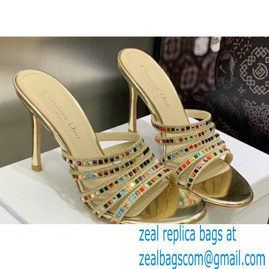 Dior Heel 9.5cm Gem Slides Multicolor in Cotton Metallic Thread Embroidery with Square Strass 2023 - Click Image to Close