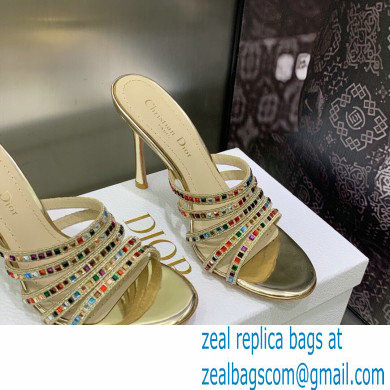 Dior Heel 9.5cm Gem Slides Multicolor in Cotton Metallic Thread Embroidery with Square Strass 2023