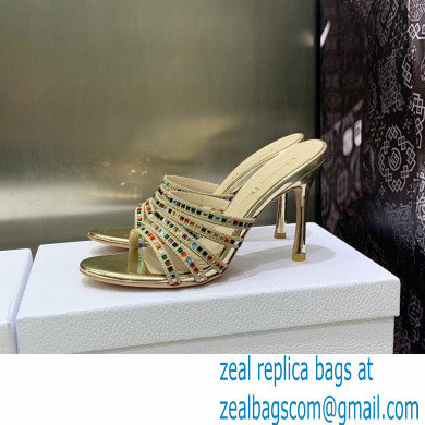 Dior Heel 9.5cm Gem Slides Multicolor in Cotton Metallic Thread Embroidery with Square Strass 2023 - Click Image to Close