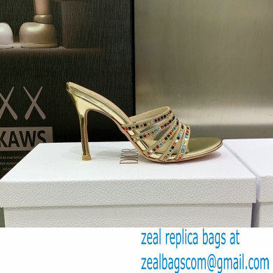 Dior Heel 9.5cm Gem Slides Multicolor in Cotton Metallic Thread Embroidery with Square Strass 2023