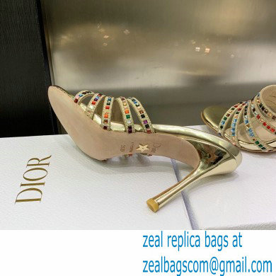 Dior Heel 9.5cm Gem Slides Multicolor in Cotton Metallic Thread Embroidery with Square Strass 2023 - Click Image to Close