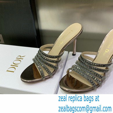 Dior Heel 9.5cm Gem Slides Silver in Cotton Metallic Thread Embroidery with Square Strass 2023