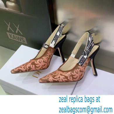 Dior Heel 9.5cm J'Adior Slingback Pumps in Antique Pink Brocart Embroidered Cotton with Gold-Tone Metallic Thread 2023