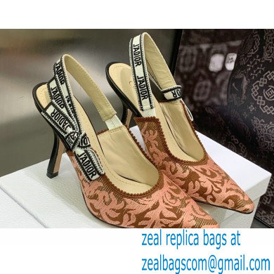 Dior Heel 9.5cm J'Adior Slingback Pumps in Antique Pink Brocart Embroidered Cotton with Gold-Tone Metallic Thread 2023