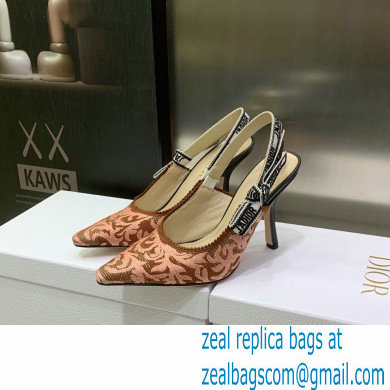 Dior Heel 9.5cm J'Adior Slingback Pumps in Antique Pink Brocart Embroidered Cotton with Gold-Tone Metallic Thread 2023