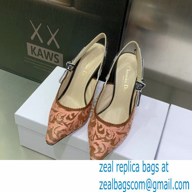 Dior Heel 9.5cm J'Adior Slingback Pumps in Antique Pink Brocart Embroidered Cotton with Gold-Tone Metallic Thread 2023