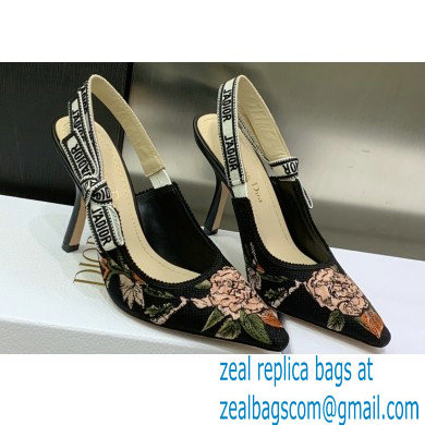 Dior Heel 9.5cm J'Adior Slingback Pumps in Black Multicolor Cotton with Dior Jardin Botanique Embroidery 2023