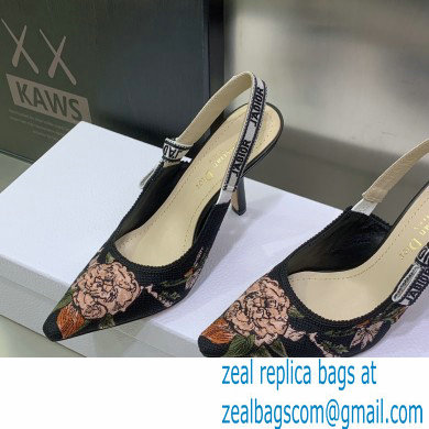 Dior Heel 9.5cm J'Adior Slingback Pumps in Black Multicolor Cotton with Dior Jardin Botanique Embroidery 2023