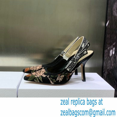 Dior Heel 9.5cm J'Adior Slingback Pumps in Black Multicolor Cotton with Dior Jardin Botanique Embroidery 2023