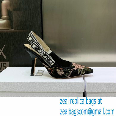 Dior Heel 9.5cm J'Adior Slingback Pumps in Black Multicolor Cotton with Dior Jardin Botanique Embroidery 2023