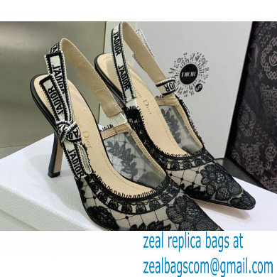 Dior Heel 9.5cm J'Adior Slingback Pumps in Black Transparent Mesh Embroidered with Dior Roses Motif 2023
