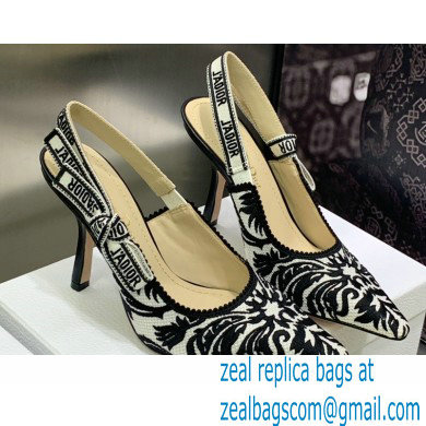 Dior Heel 9.5cm J'Adior Slingback Pumps in Black/White Ornamental Embroidered Cotton 2023