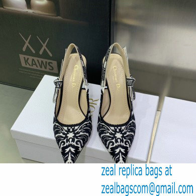 Dior Heel 9.5cm J'Adior Slingback Pumps in Black/White Ornamental Embroidered Cotton 2023