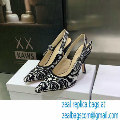 Dior Heel 9.5cm J'Adior Slingback Pumps in Black/White Ornamental Embroidered Cotton 2023