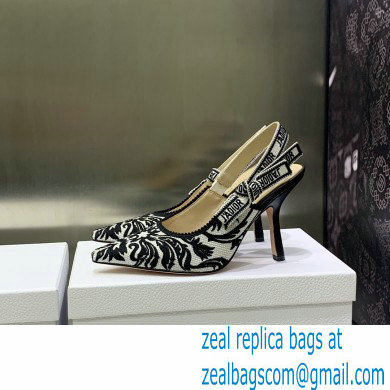 Dior Heel 9.5cm J'Adior Slingback Pumps in Black/White Ornamental Embroidered Cotton 2023