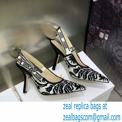Dior Heel 9.5cm J'Adior Slingback Pumps in Black/White Ornamental Embroidered Cotton 2023