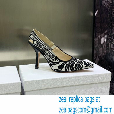 Dior Heel 9.5cm J'Adior Slingback Pumps in Black/White Ornamental Embroidered Cotton 2023
