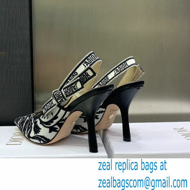 Dior Heel 9.5cm J'Adior Slingback Pumps in Black/White Ornamental Embroidered Cotton 2023