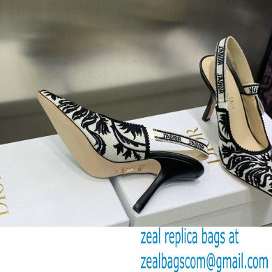 Dior Heel 9.5cm J'Adior Slingback Pumps in Black/White Ornamental Embroidered Cotton 2023