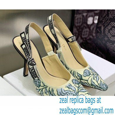 Dior Heel 9.5cm J'Adior Slingback Pumps in Blue Brocart Embroidered Cotton with Gold-Tone Metallic Thread 2023
