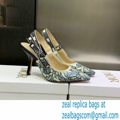 Dior Heel 9.5cm J'Adior Slingback Pumps in Blue Brocart Embroidered Cotton with Gold-Tone Metallic Thread 2023