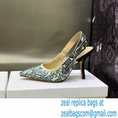 Dior Heel 9.5cm J'Adior Slingback Pumps in Blue Brocart Embroidered Cotton with Gold-Tone Metallic Thread 2023