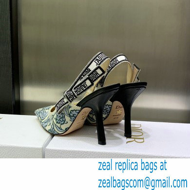 Dior Heel 9.5cm J'Adior Slingback Pumps in Blue Brocart Embroidered Cotton with Gold-Tone Metallic Thread 2023