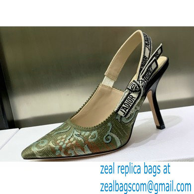 Dior Heel 9.5cm J'Adior Slingback Pumps in Green Brocart Embroidered Cotton with Gold-Tone Metallic Thread 2023 - Click Image to Close
