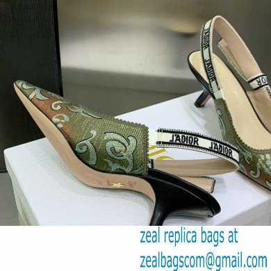 Dior Heel 9.5cm J'Adior Slingback Pumps in Green Brocart Embroidered Cotton with Gold-Tone Metallic Thread 2023 - Click Image to Close