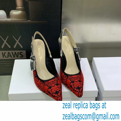 Dior Heel 9.5cm J'Adior Slingback Pumps in Red/Black Bandana Embroidered Cotton 2023 - Click Image to Close