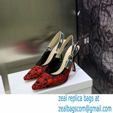 Dior Heel 9.5cm J'Adior Slingback Pumps in Red/Black Bandana Embroidered Cotton 2023 - Click Image to Close