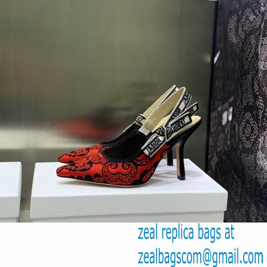 Dior Heel 9.5cm J'Adior Slingback Pumps in Red/Black Bandana Embroidered Cotton 2023 - Click Image to Close