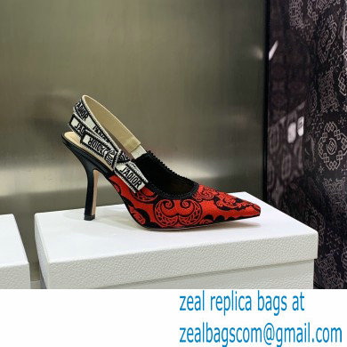 Dior Heel 9.5cm J'Adior Slingback Pumps in Red/Black Bandana Embroidered Cotton 2023 - Click Image to Close