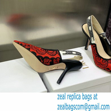 Dior Heel 9.5cm J'Adior Slingback Pumps in Red/Black Bandana Embroidered Cotton 2023 - Click Image to Close