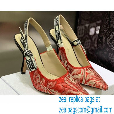 Dior Heel 9.5cm J'Adior Slingback Pumps in Red Brocart Embroidered Cotton with Gold-Tone Metallic Thread 2023