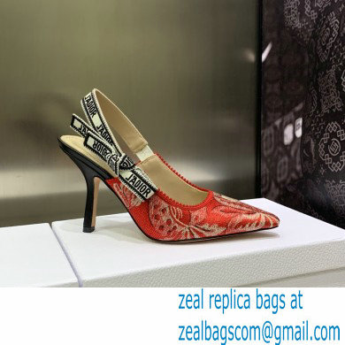 Dior Heel 9.5cm J'Adior Slingback Pumps in Red Brocart Embroidered Cotton with Gold-Tone Metallic Thread 2023