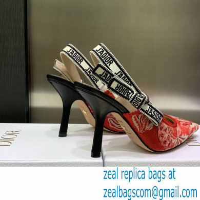 Dior Heel 9.5cm J'Adior Slingback Pumps in Red Brocart Embroidered Cotton with Gold-Tone Metallic Thread 2023