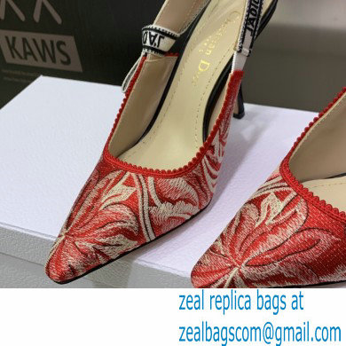 Dior Heel 9.5cm J'Adior Slingback Pumps in Red Brocart Embroidered Cotton with Gold-Tone Metallic Thread 2023