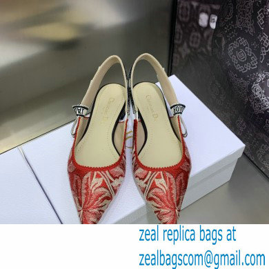 Dior J'Adior Slingback Ballerina Flats in Red Brocart Embroidered Cotton with Gold-Tone Metallic Thread 2023 - Click Image to Close