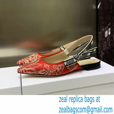 Dior J'Adior Slingback Ballerina Flats in Red Brocart Embroidered Cotton with Gold-Tone Metallic Thread 2023