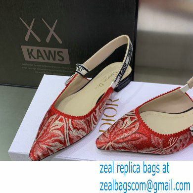 Dior J'Adior Slingback Ballerina Flats in Red Brocart Embroidered Cotton with Gold-Tone Metallic Thread 2023 - Click Image to Close