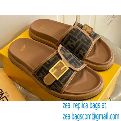 Fendi Feel slides with FF Baguette buckle Brown 2023