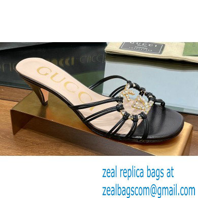 Gucci Heel 4.5cm Slide Sandals Black with crystals Interlocking G 2023 - Click Image to Close