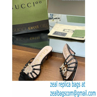 Gucci Heel 4.5cm Slide Sandals Black with crystals Interlocking G 2023 - Click Image to Close