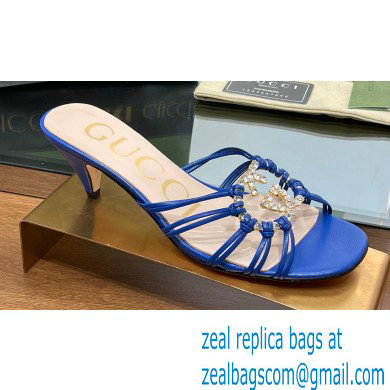 Gucci Heel 4.5cm Slide Sandals Blue with crystals Interlocking G 2023