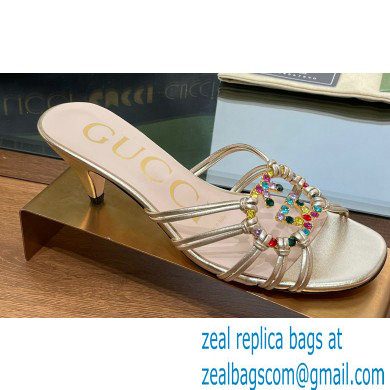 Gucci Heel 4.5cm Slide Sandals Gold with crystals Interlocking G 2023