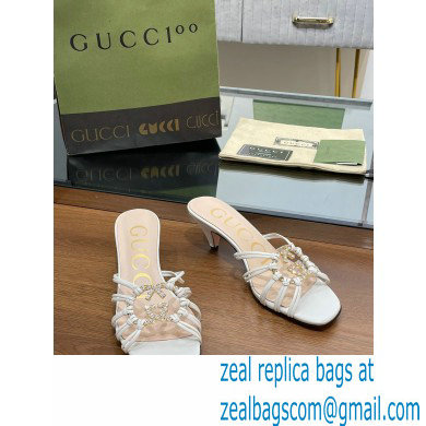 Gucci Heel 4.5cm Slide Sandals White with crystals Interlocking G 2023