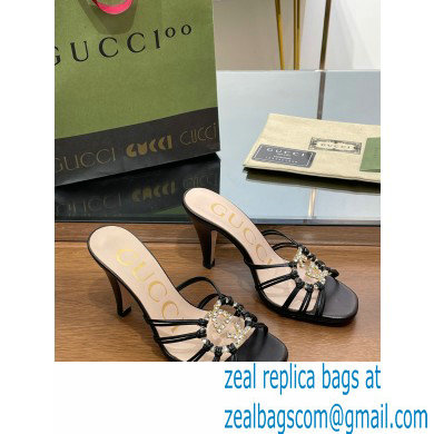 Gucci Heel 9cm Slide Sandals Black with crystals Interlocking G 2023