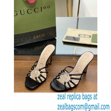 Gucci Heel 9cm Slide Sandals Black with crystals Interlocking G 2023