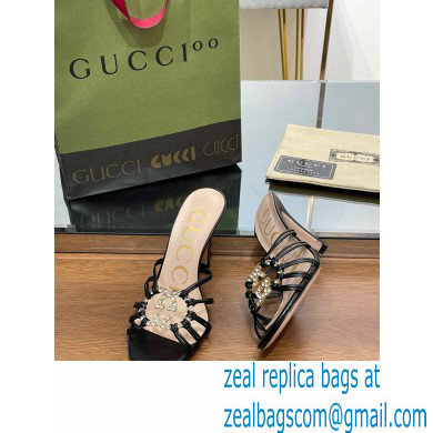 Gucci Heel 9cm Slide Sandals Black with crystals Interlocking G 2023